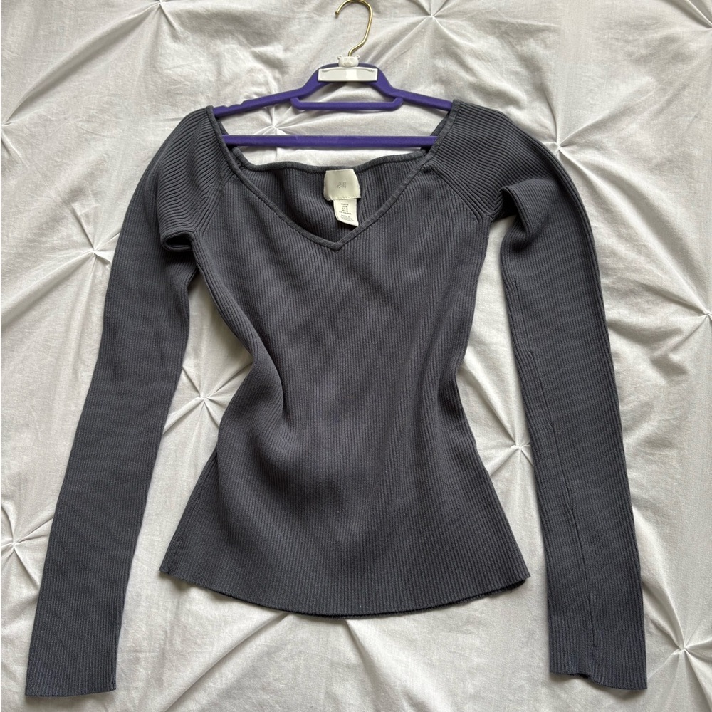 Ribbed Square-Neck Long Sleeve Top - Charcoal